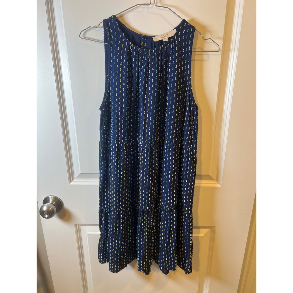 LOFT Womens Tiered Sleeveless Dobby Stripe Dress Navy Blue Size SP